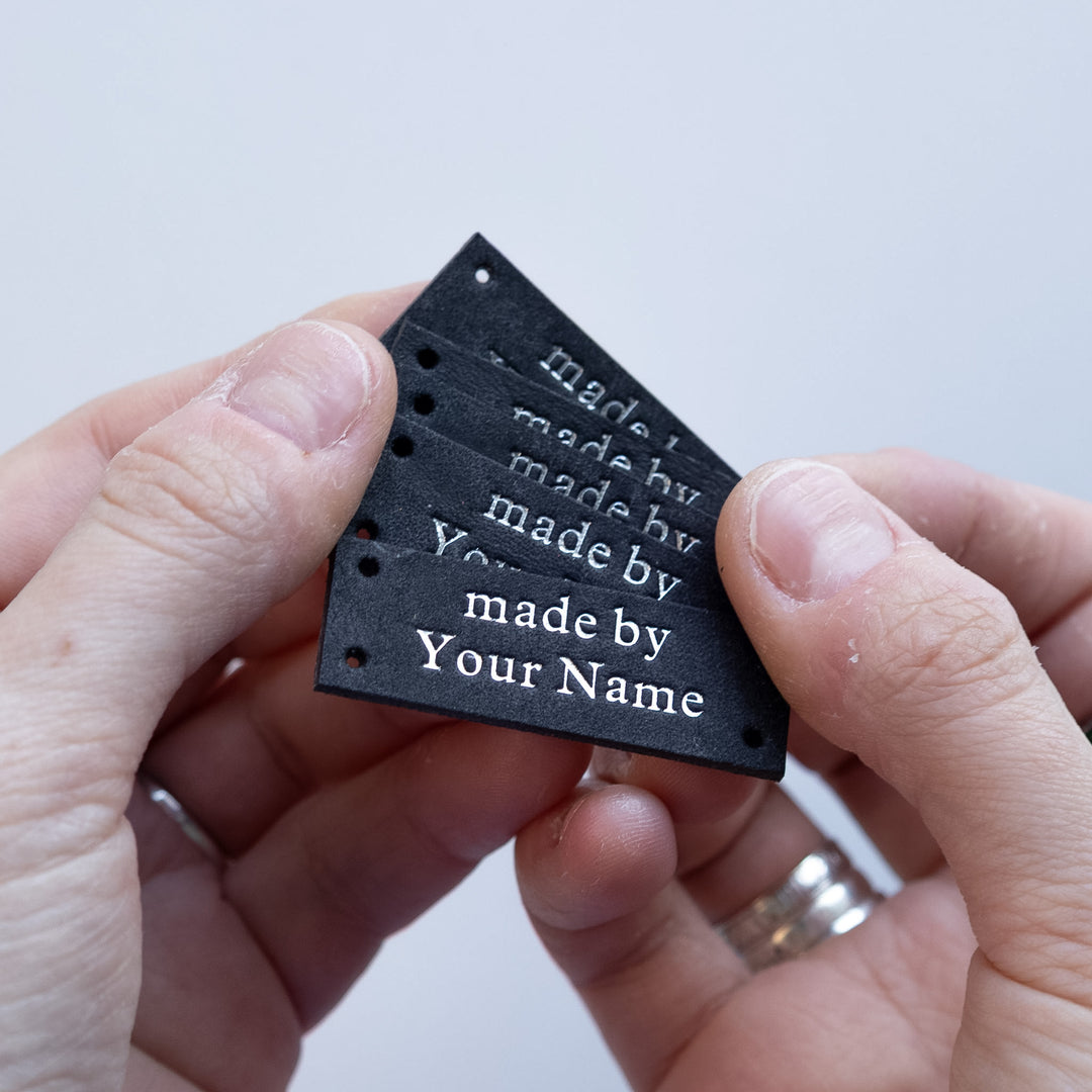 "made by" leather tags